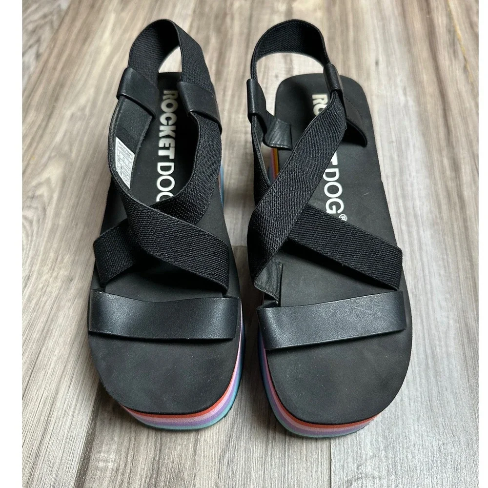 Rocket Dog Rainbow Platform Wedge Sandals Black Elastic Straps Womens Size 8